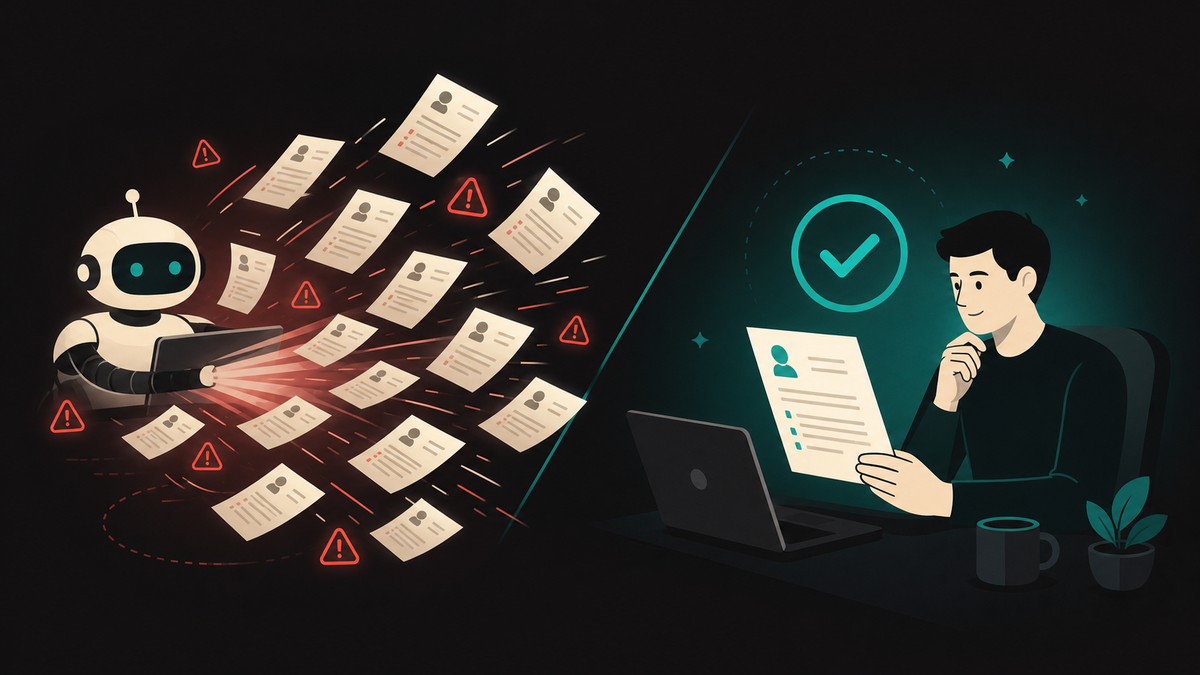 Illustration contrasting a reckless auto-apply bot blasting hundreds of identical applications against a human-in-the-loop approach reviewing tailored applications