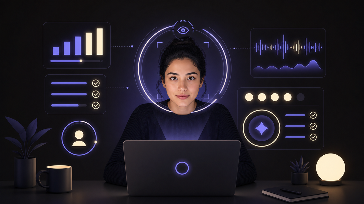 Illustration of a job seeker in a one-way AI video interview looking into the camera lens while an AI scores eye contact, answer structure, and keywords