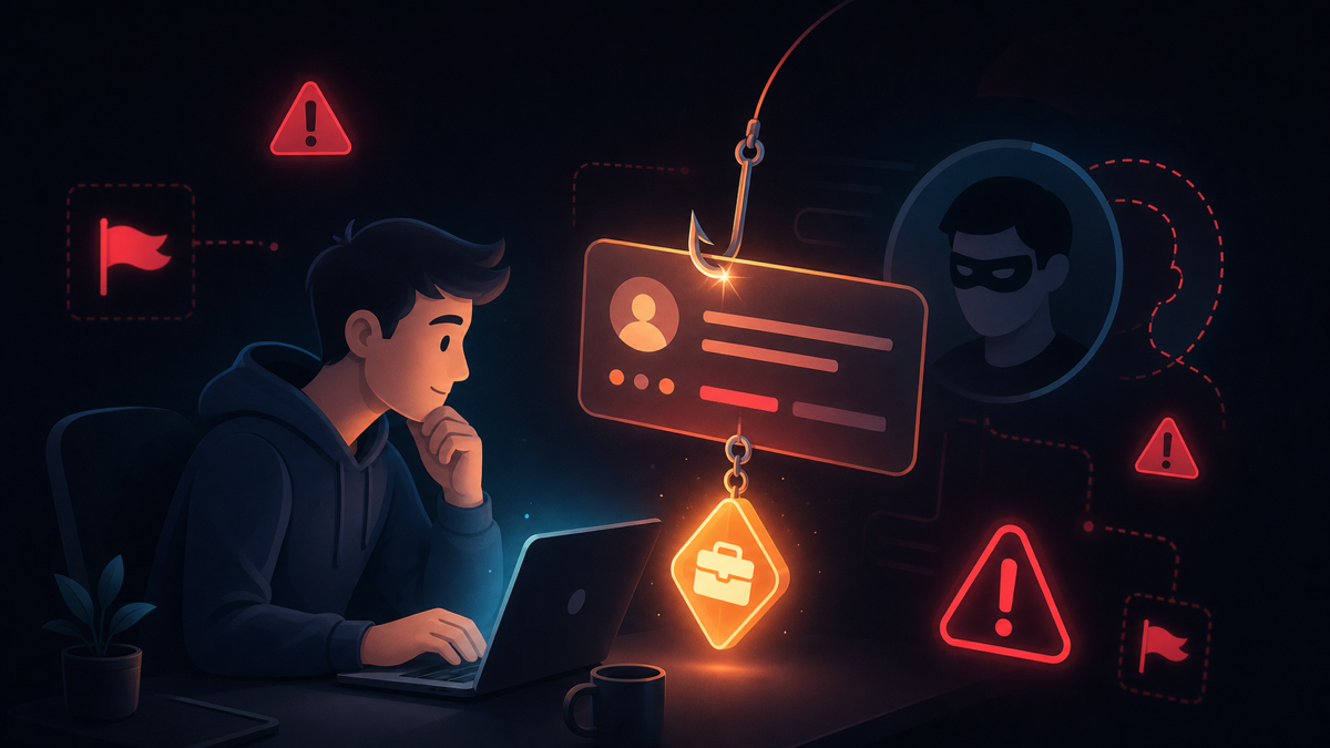 Illustration of a job seeker at a laptop receiving a too-good-to-be-true job offer that is secretly a baited hook, with red warning flags around a cloned recruiter message